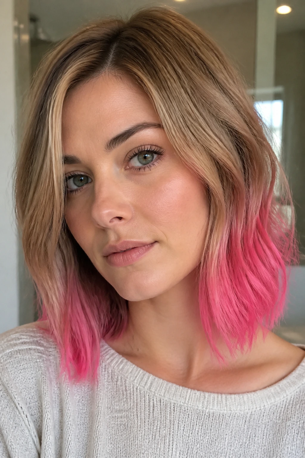 Real person with dip-dyed electric pink ends framing the face