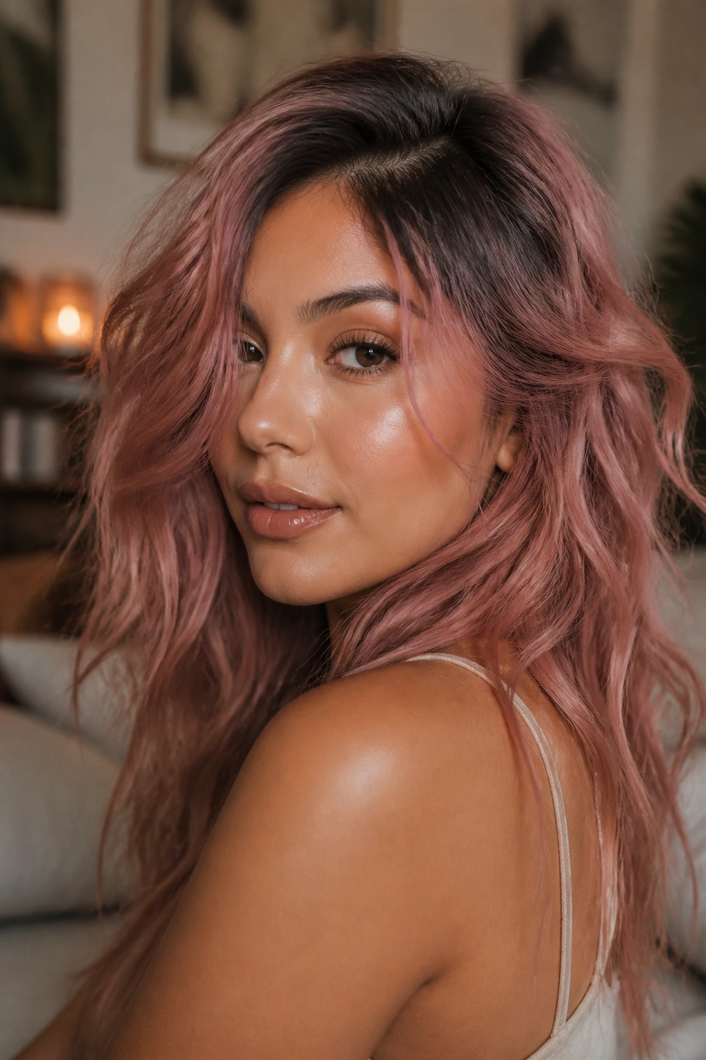 Close-up portrait of pink hair with natural roots visible