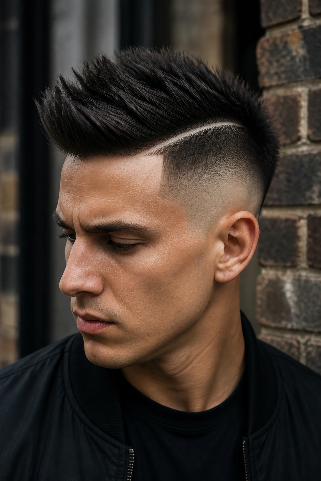 Side-profile portrait of a man with a disconnected fohawk on an urban street.