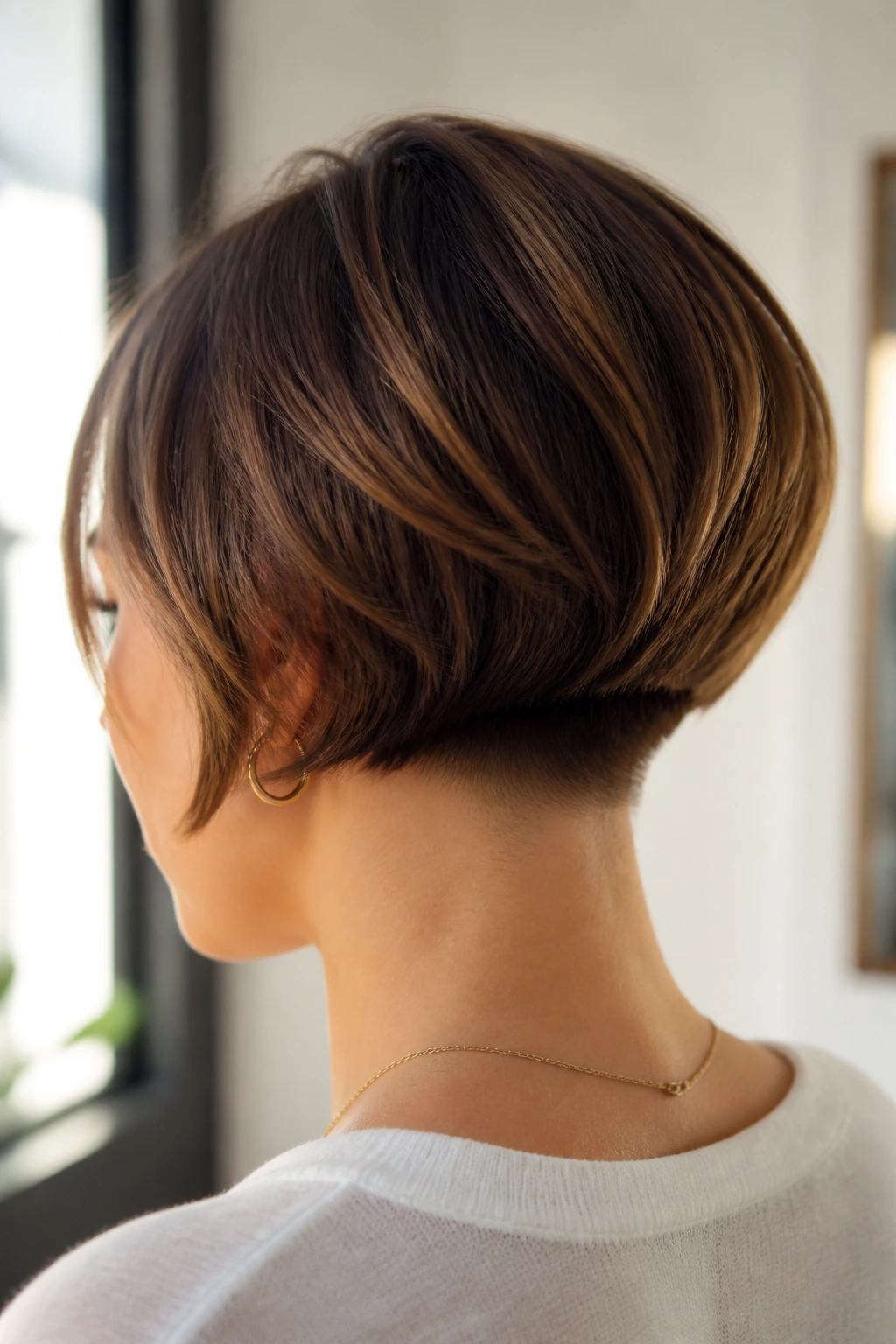 Rear three-quarter view of a woman with a disconnected nape hairstyle