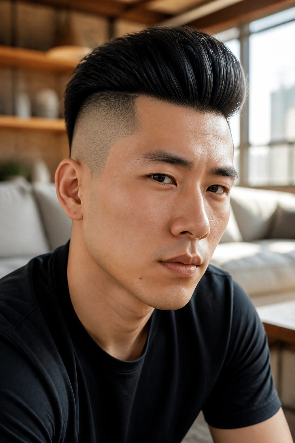 Close-up portrait of a real Asian man with a disconnected pompadour and skin fade in warm window light