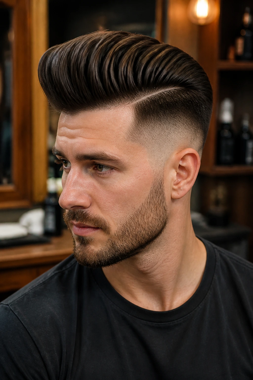 Portrait of a man with a long top and sharp disconnected fade on the sides.