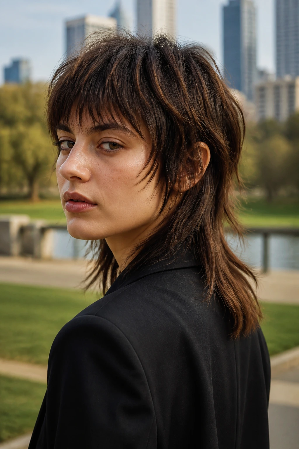 Portrait of person with disconnected shag hairstyle in outdoor park