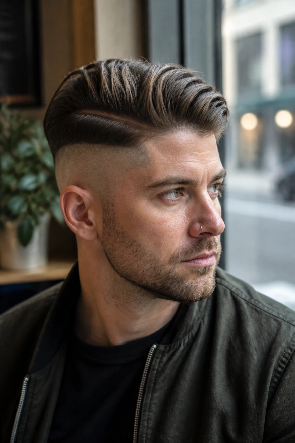Portrait of a man with a disconnected undercut and long top, in a cafe setting.
