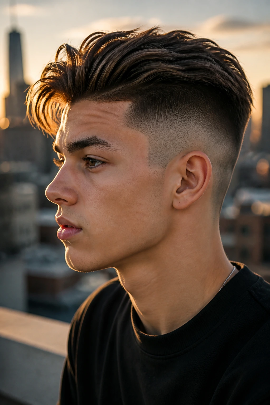 Close-up of a real person with a disconnected undercut on top