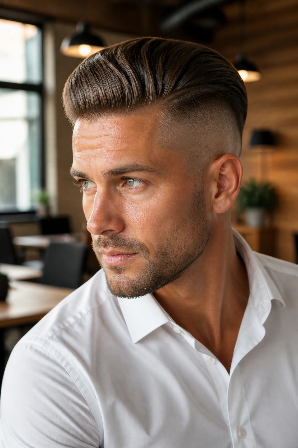 Close-up portrait of a man with a disconnected undercut hairstyle