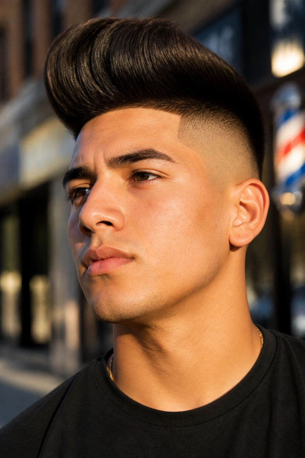 Close-up portrait of a real man with a disconnected undercut quiff against an urban backdrop
