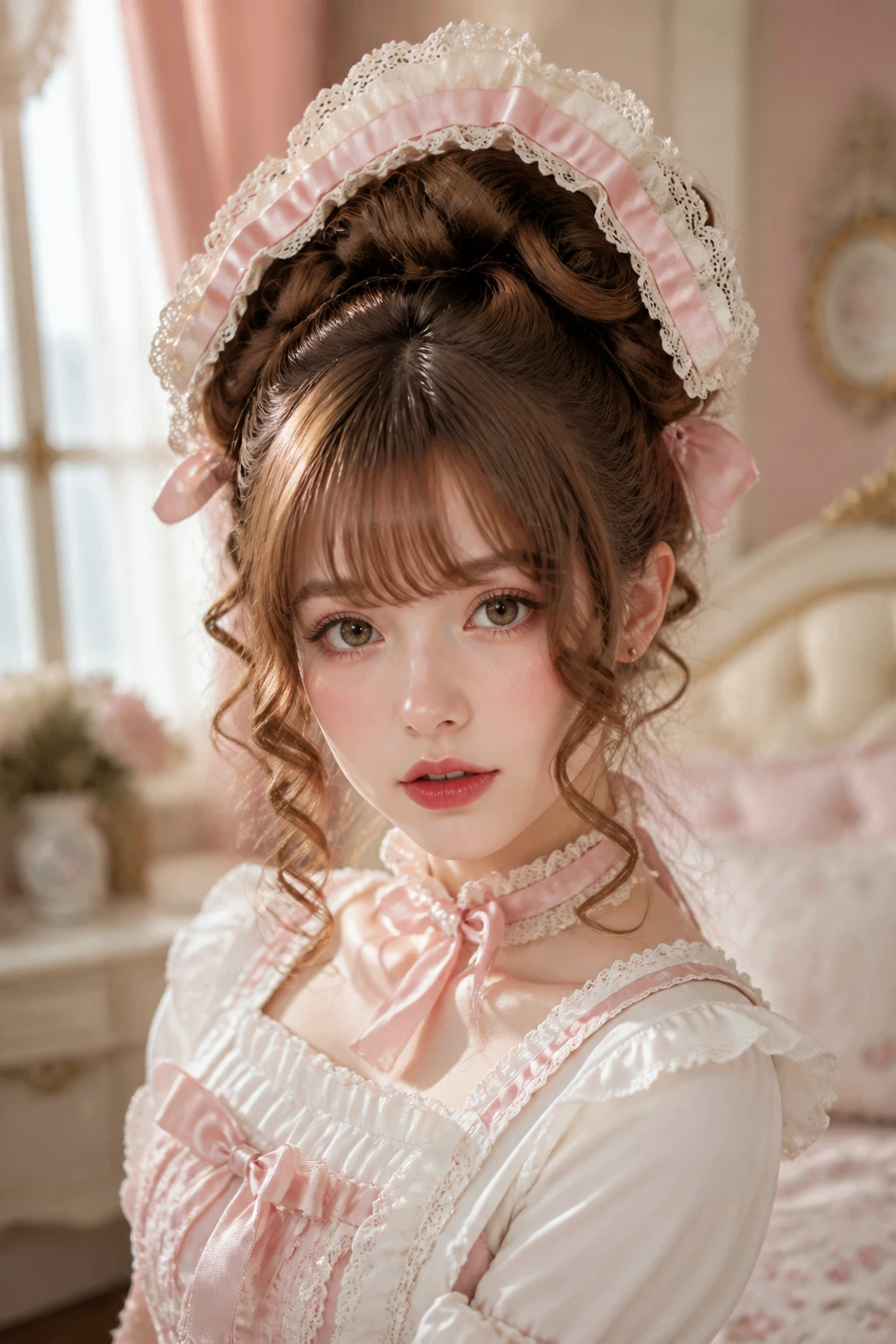 Real person with a doll-inspired updo and curls escaping