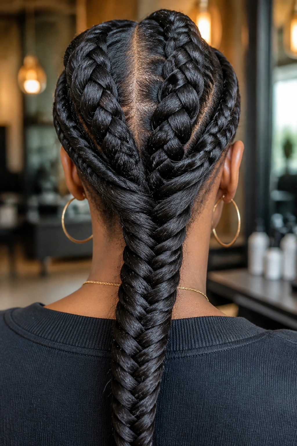 Back view close-up of two chunky cornrows forming a fishtail braid on a real woman