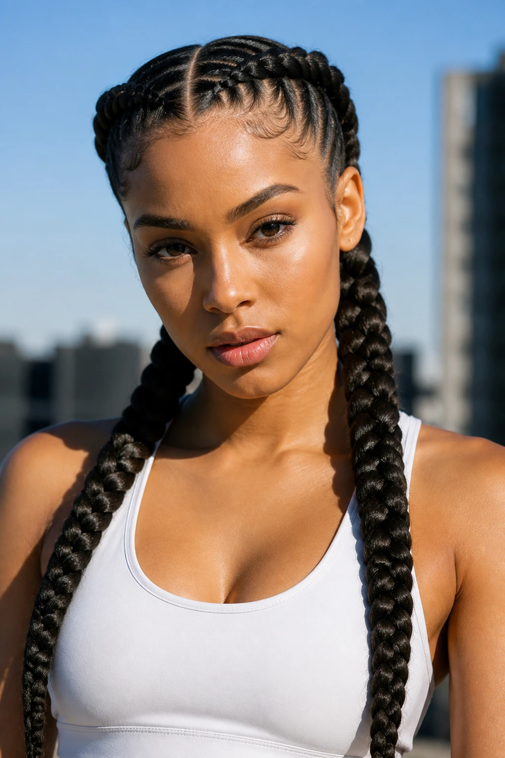 Real woman with double-braid pigtails from center part