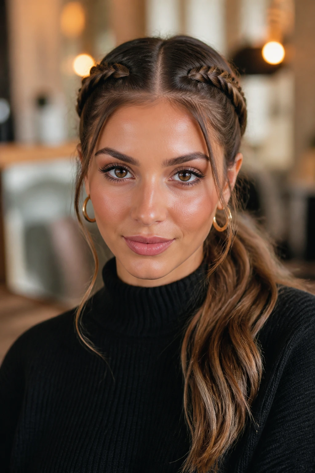 Woman with double braided low pony hairstyle