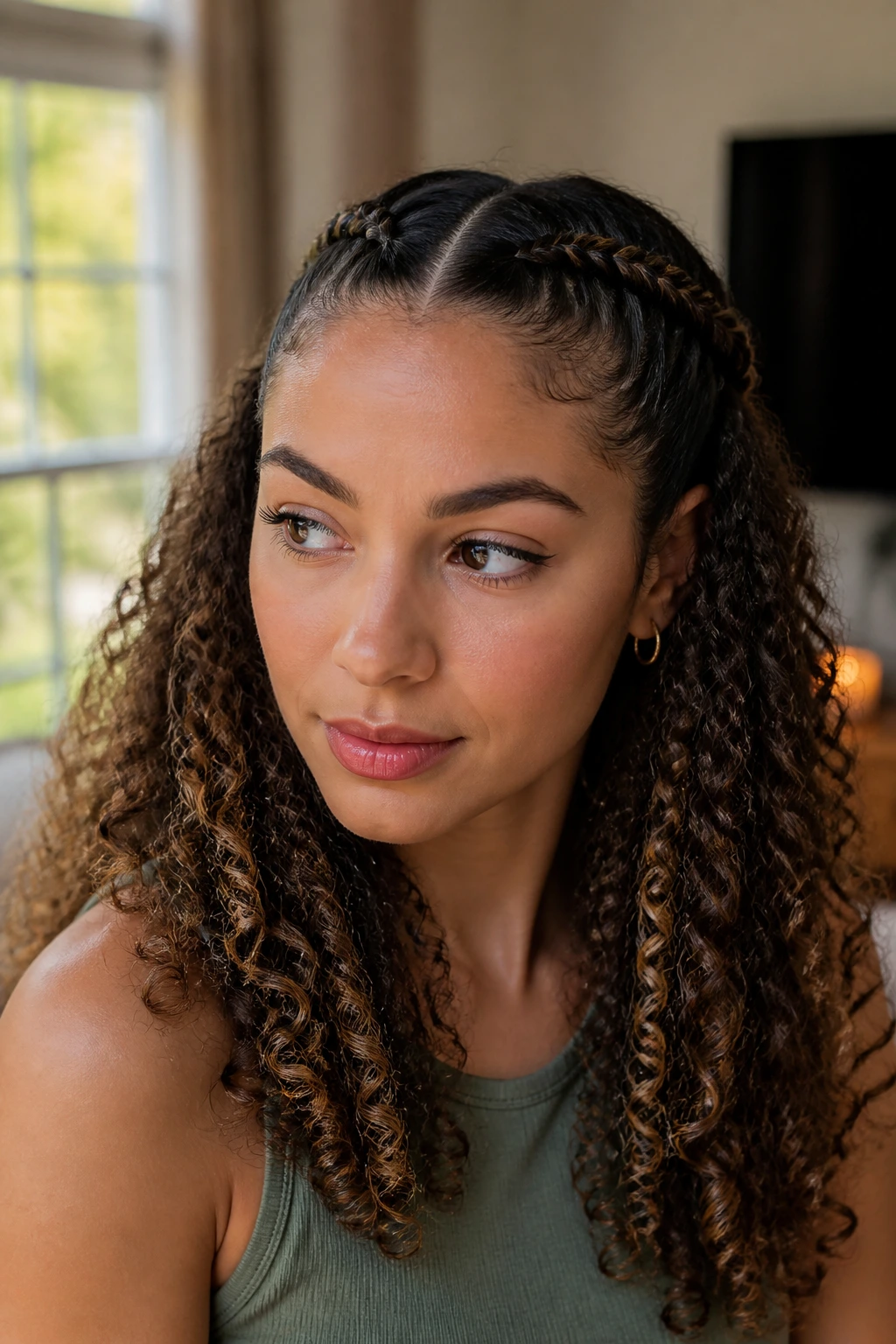 Close-up of a real woman with two tight braids starting at the hairline.