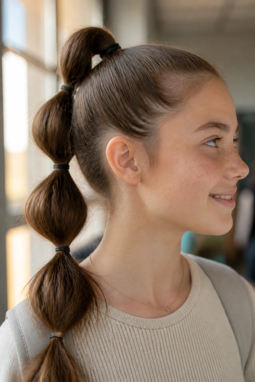 Close-up of real person with a high bubble ponytail showing stacked elastic bubbles