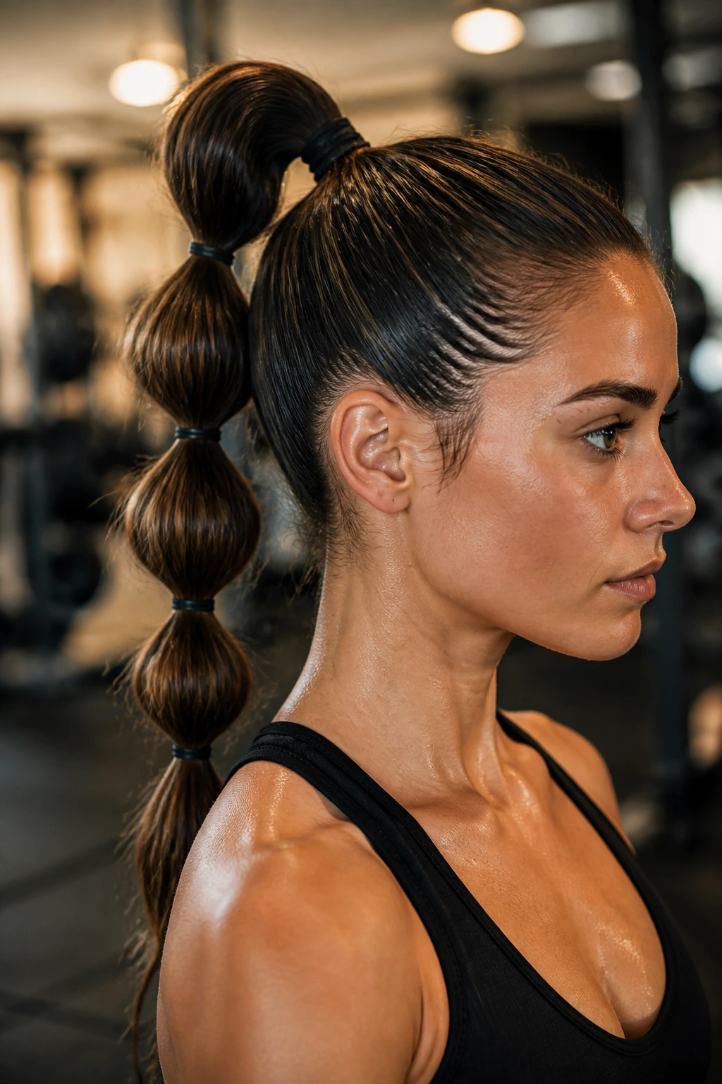 Close-up of a woman with a double-bubble ponytail hairstyle during workout