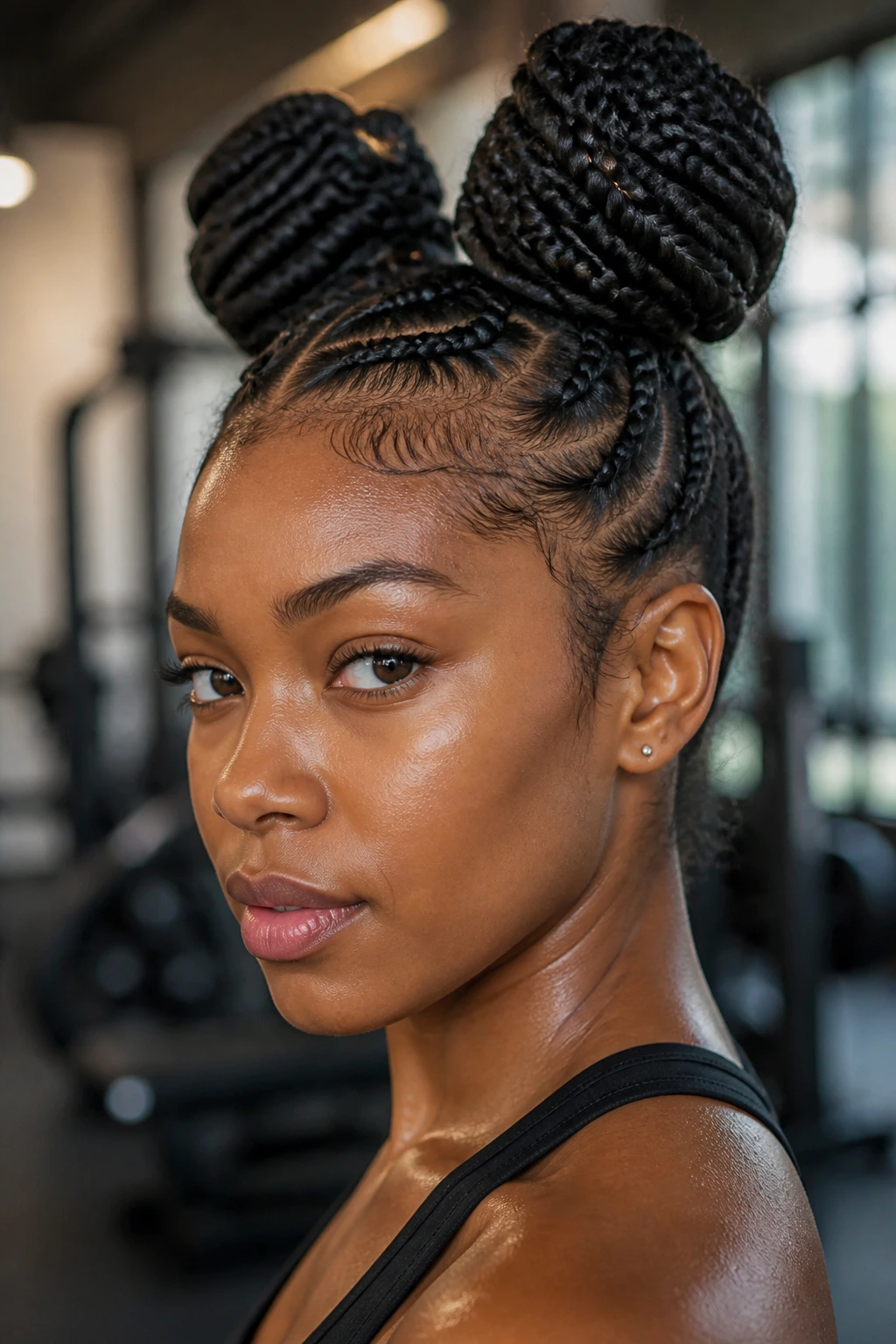 Close-up of a real woman with two Ghana weaving buns on top of the head