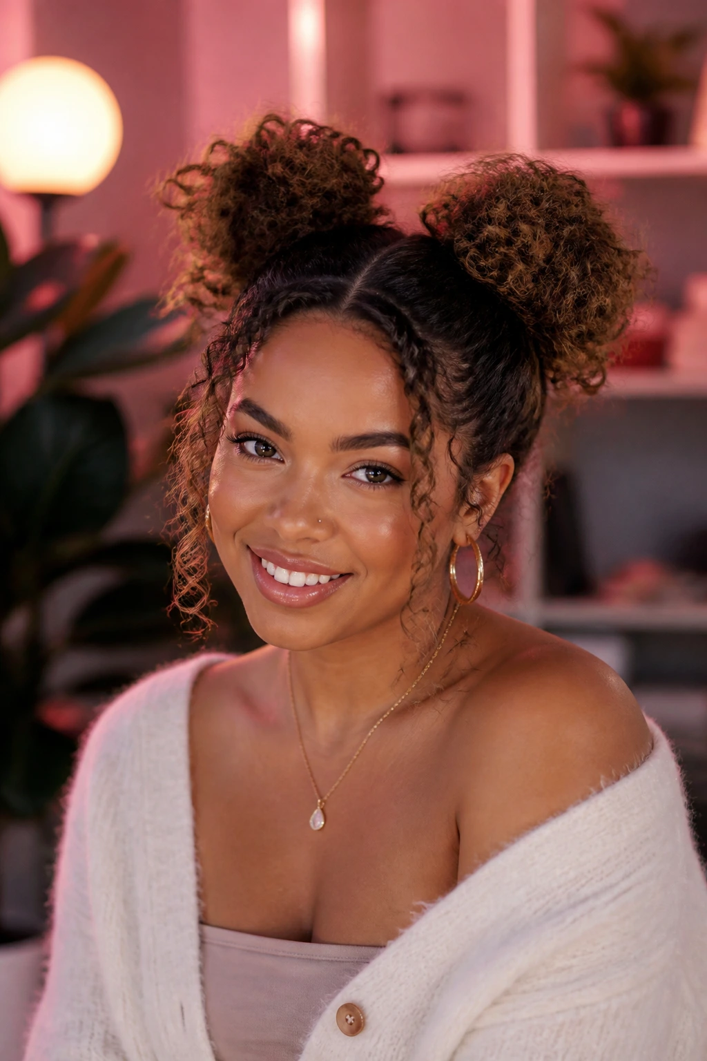 Portrait of a real woman with two high space buns and curls