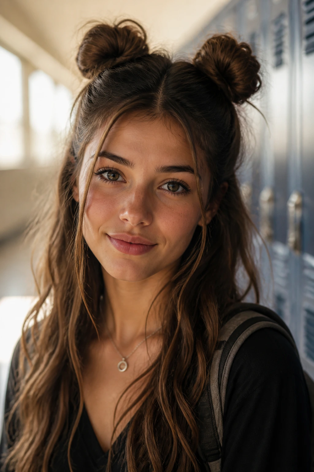 Close-up of teen girl with double buns and loose hair in a school hallway