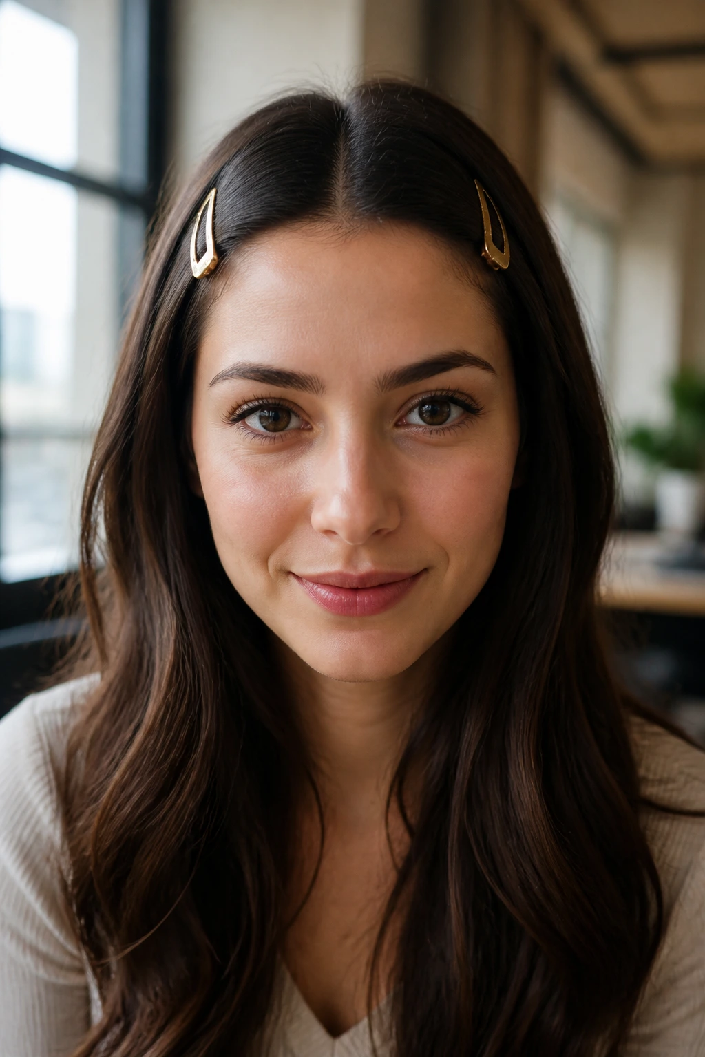 Close-up of a real woman's head showcasing a symmetric Double-Clip Accent hairstyle with two gold clips above the temples.