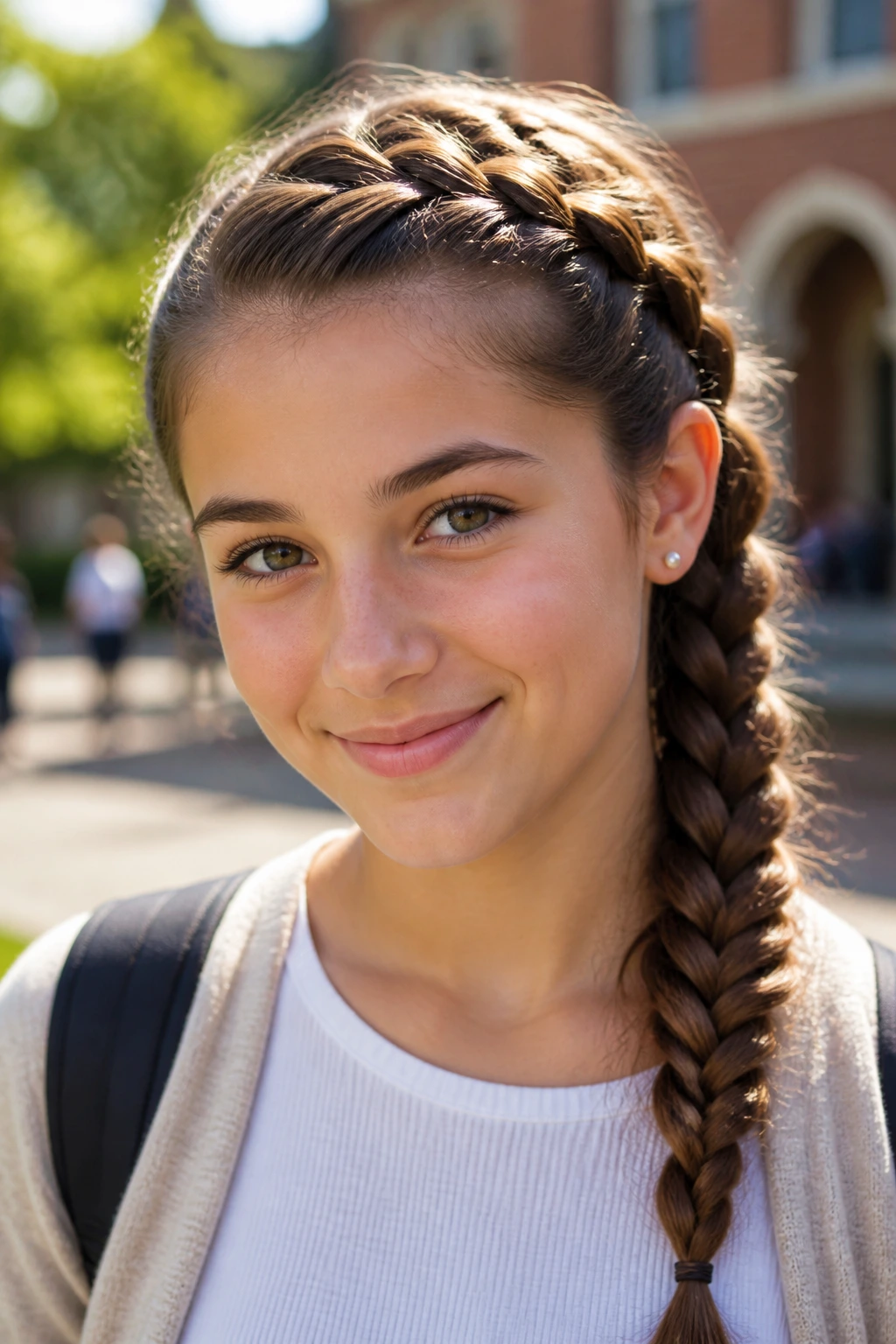Close-up of a real student wearing double Dutch braids along the front