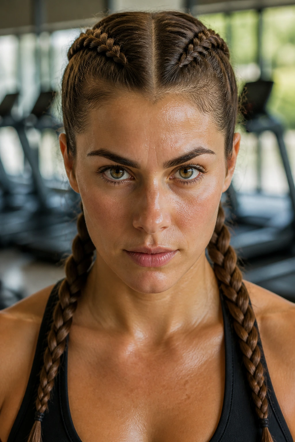 Front-facing view of double Dutch braids during workout