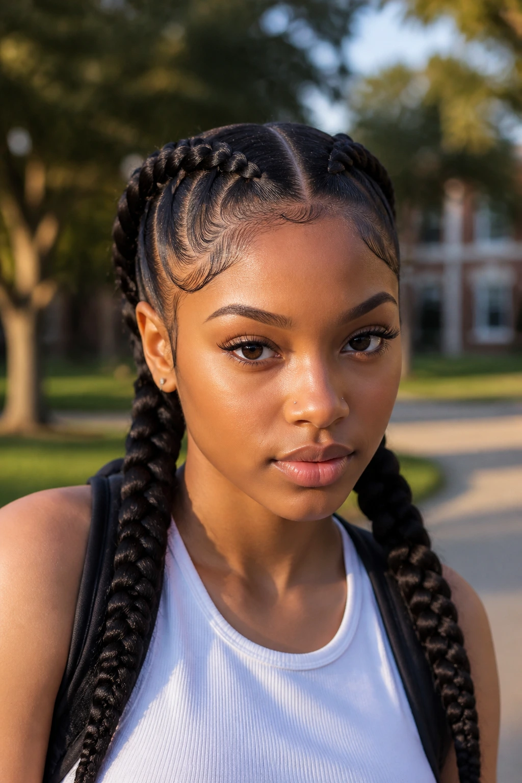 Close-up portrait of a real person with double Dutch braids and laid edges outdoors