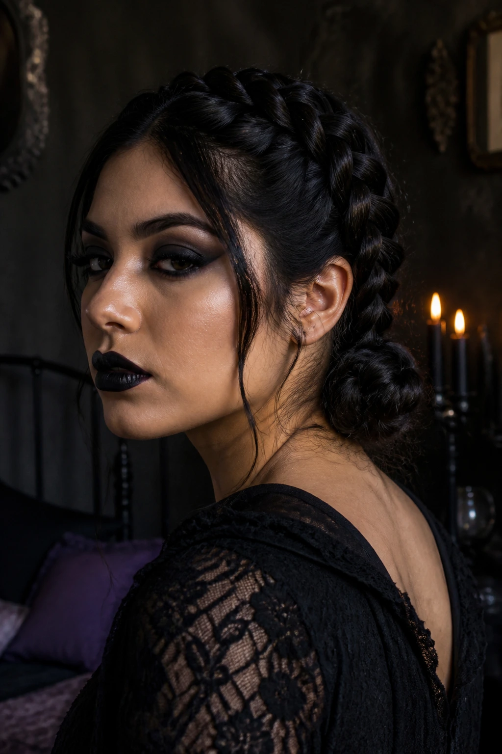 Close-up portrait of a real woman with thick hair styled into two Dutch braids ending in low buns