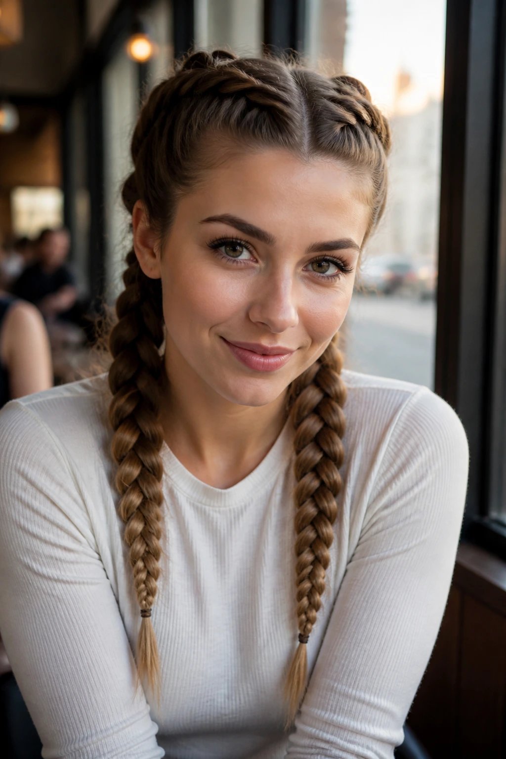 Front portrait of a real woman with double Dutch braids