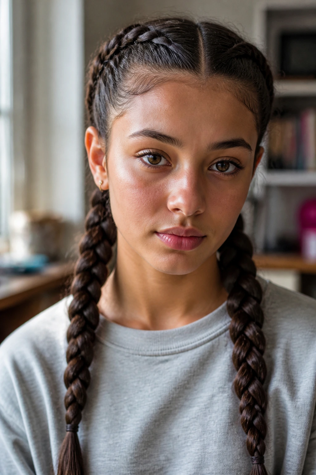 Close-up of real person with double Dutch braids framing the face