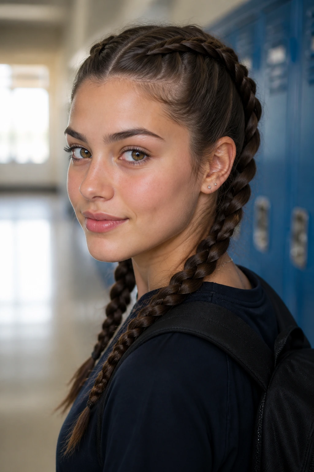 Close-up of a real student with thick hair in double Dutch braids in a school hallway