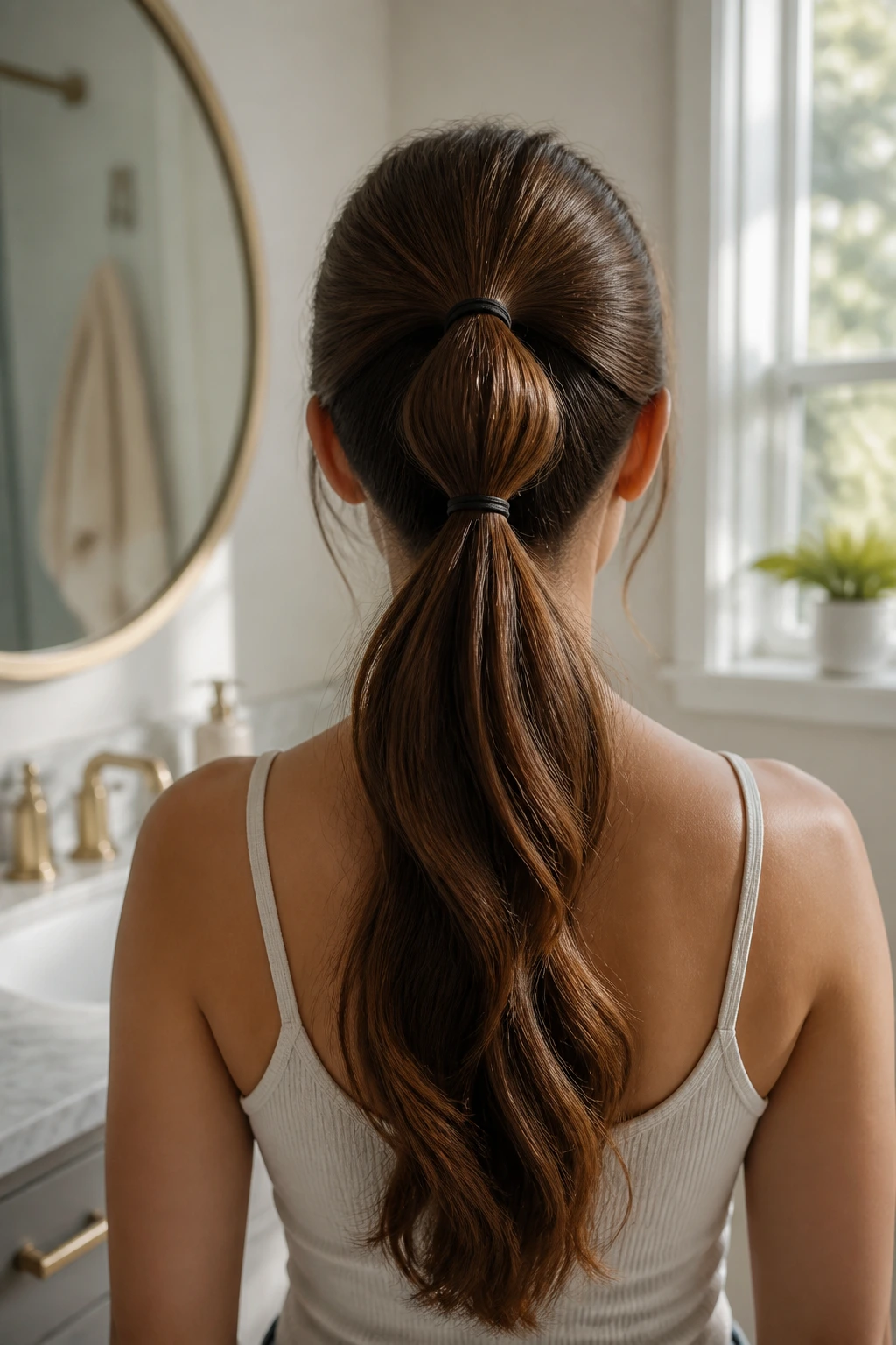 Back view of a real woman with two stacked ponytails