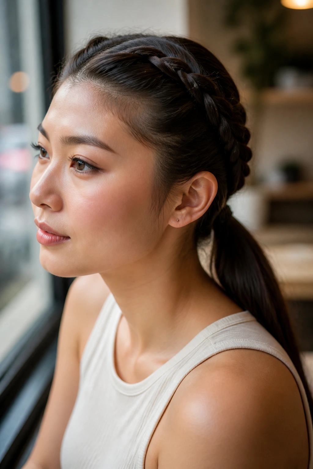 Real woman with double French braids forming a low ponytail.