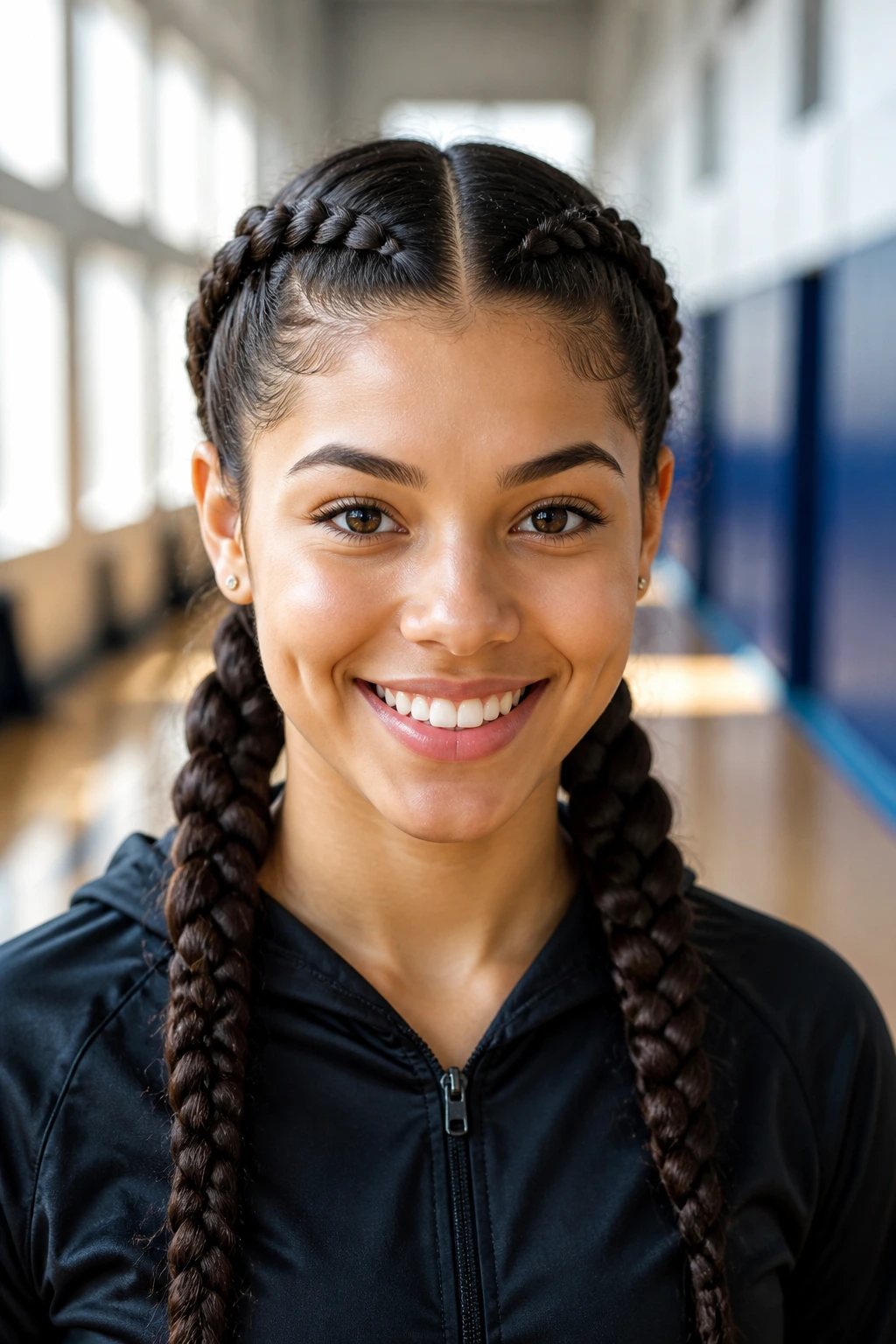 Front-facing portrait of a real woman with center-parted double French braids