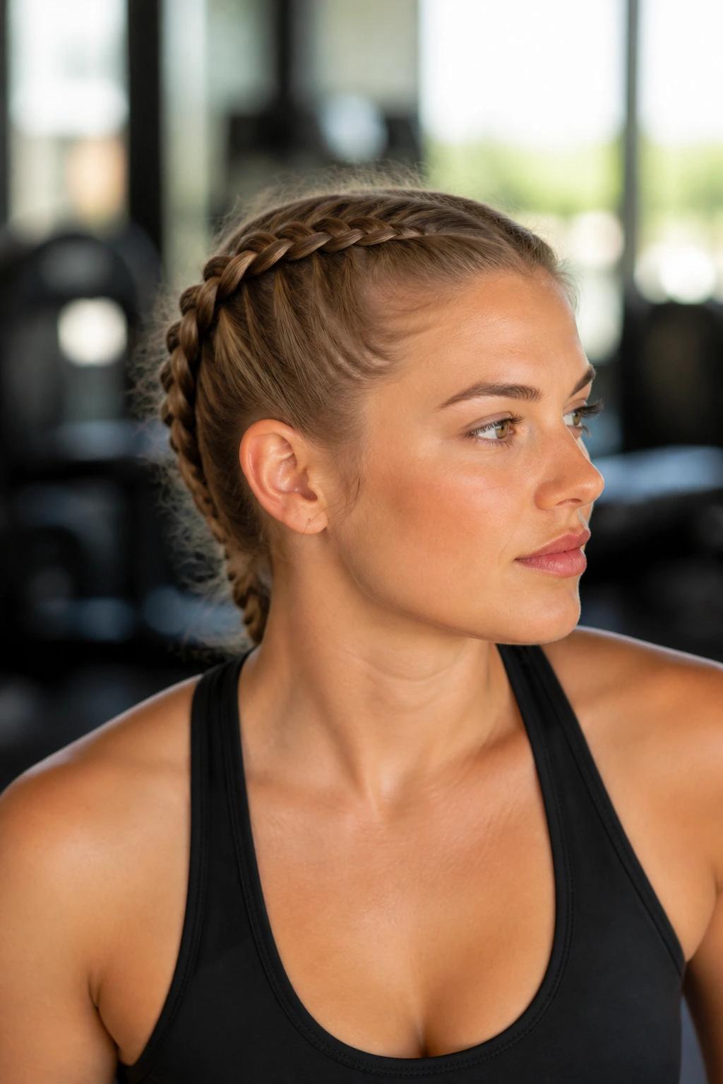 Real person with two French braids during workout