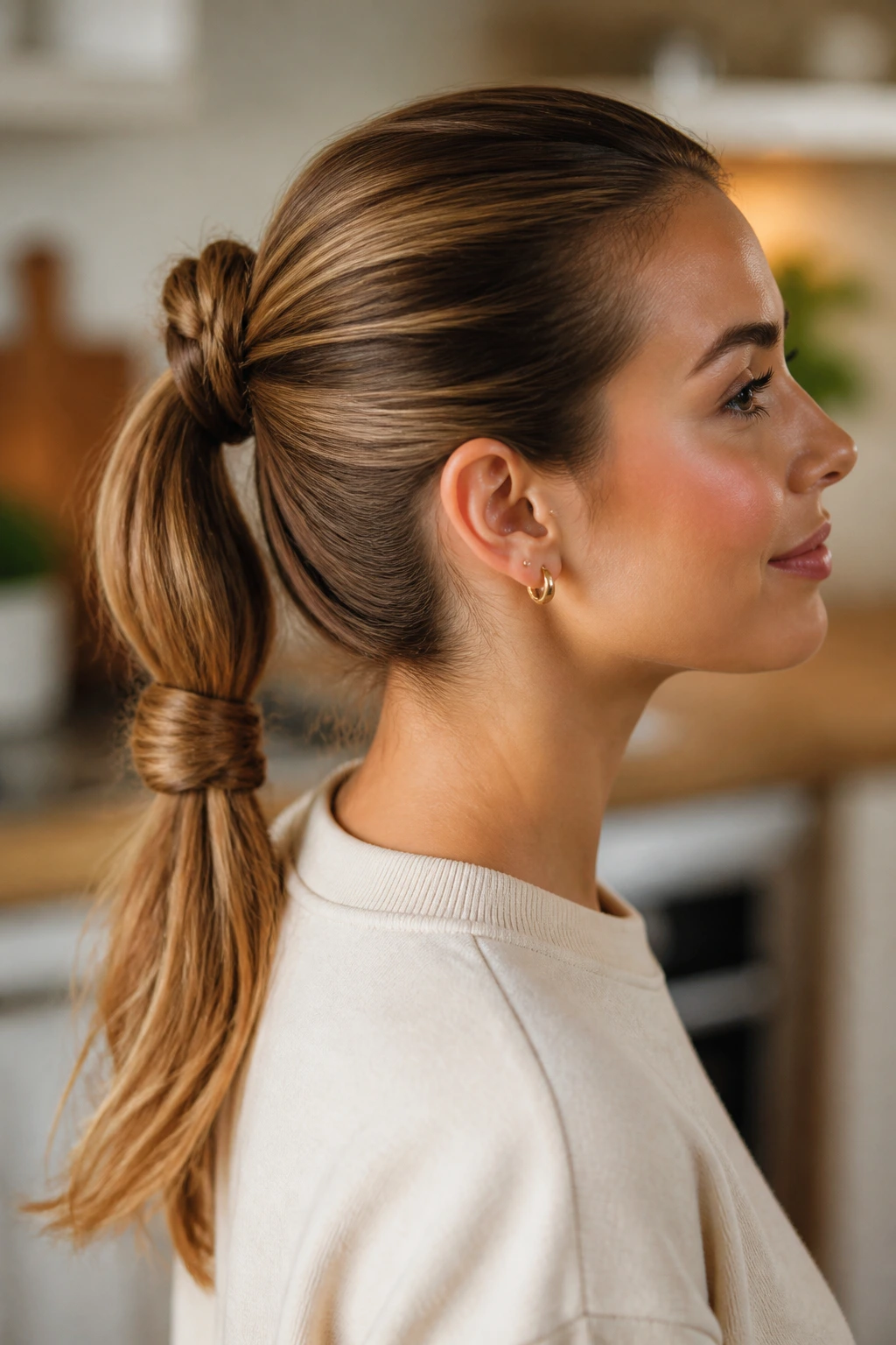Close-up of a real woman showcasing a double-knotted ponytail