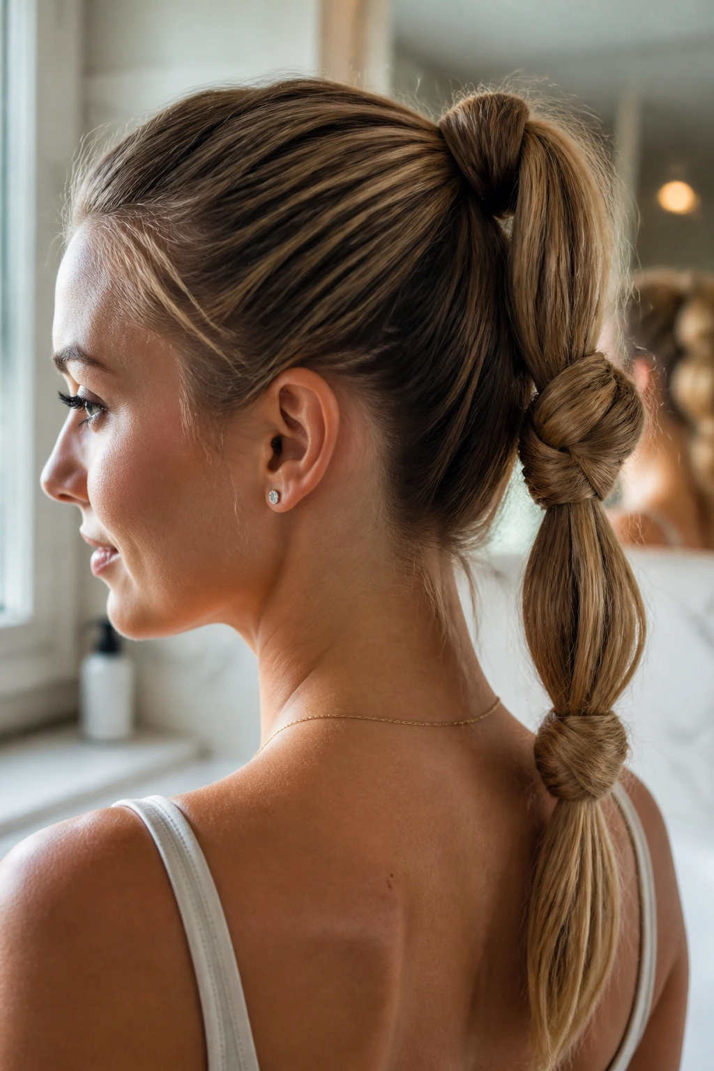 Close-up of a real woman with a double-knotted ponytail featuring two knots along a high ponytail.