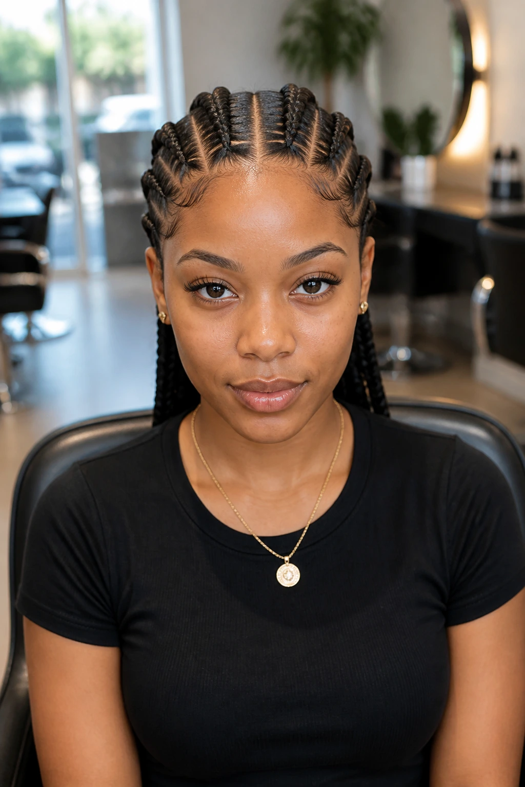 Front portrait of double-part cornrows with two parallel parts.