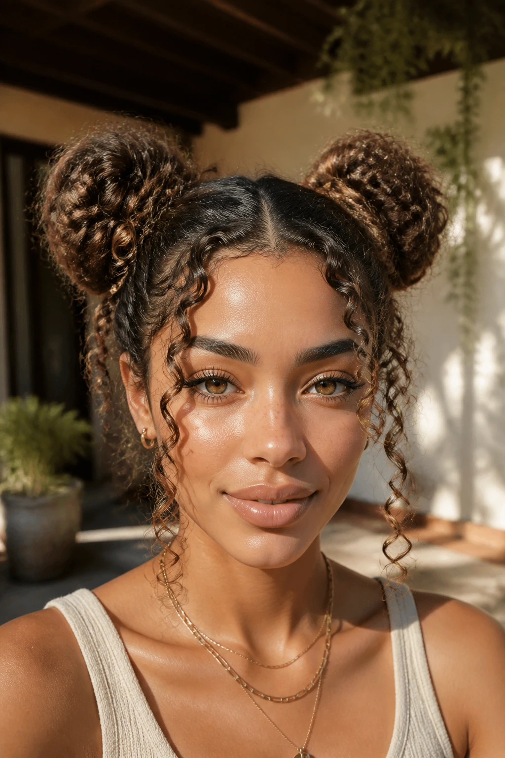 Close-up of a real woman with double space buns and face-framing curls