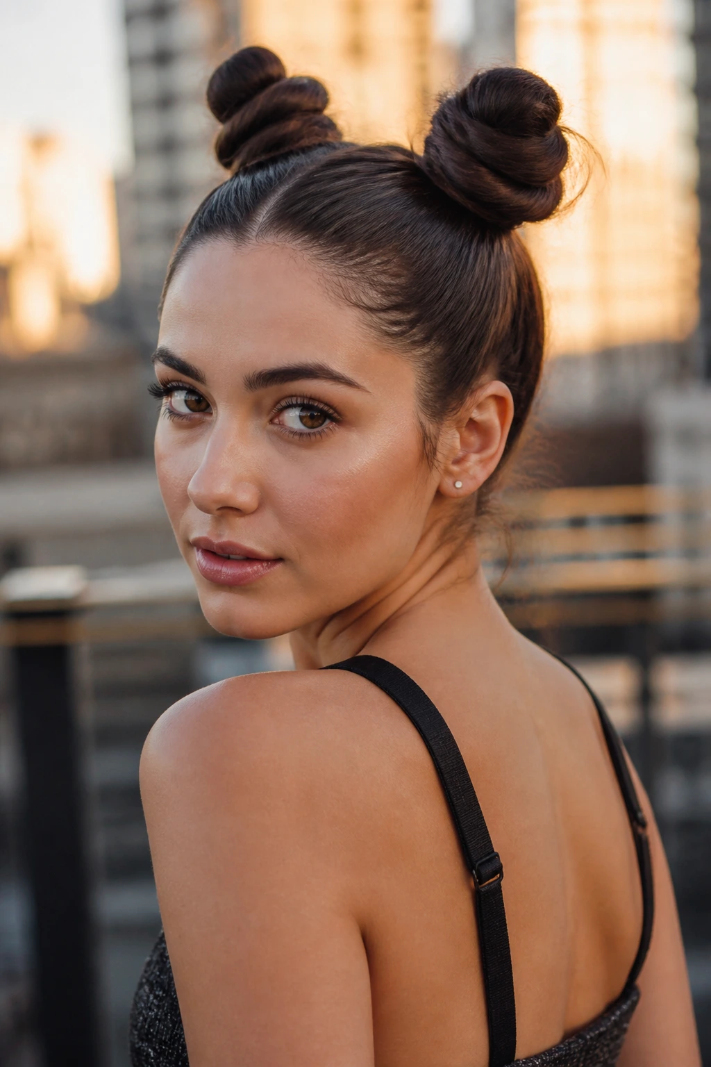 Close-up of a real person with two top knots hairstyle
