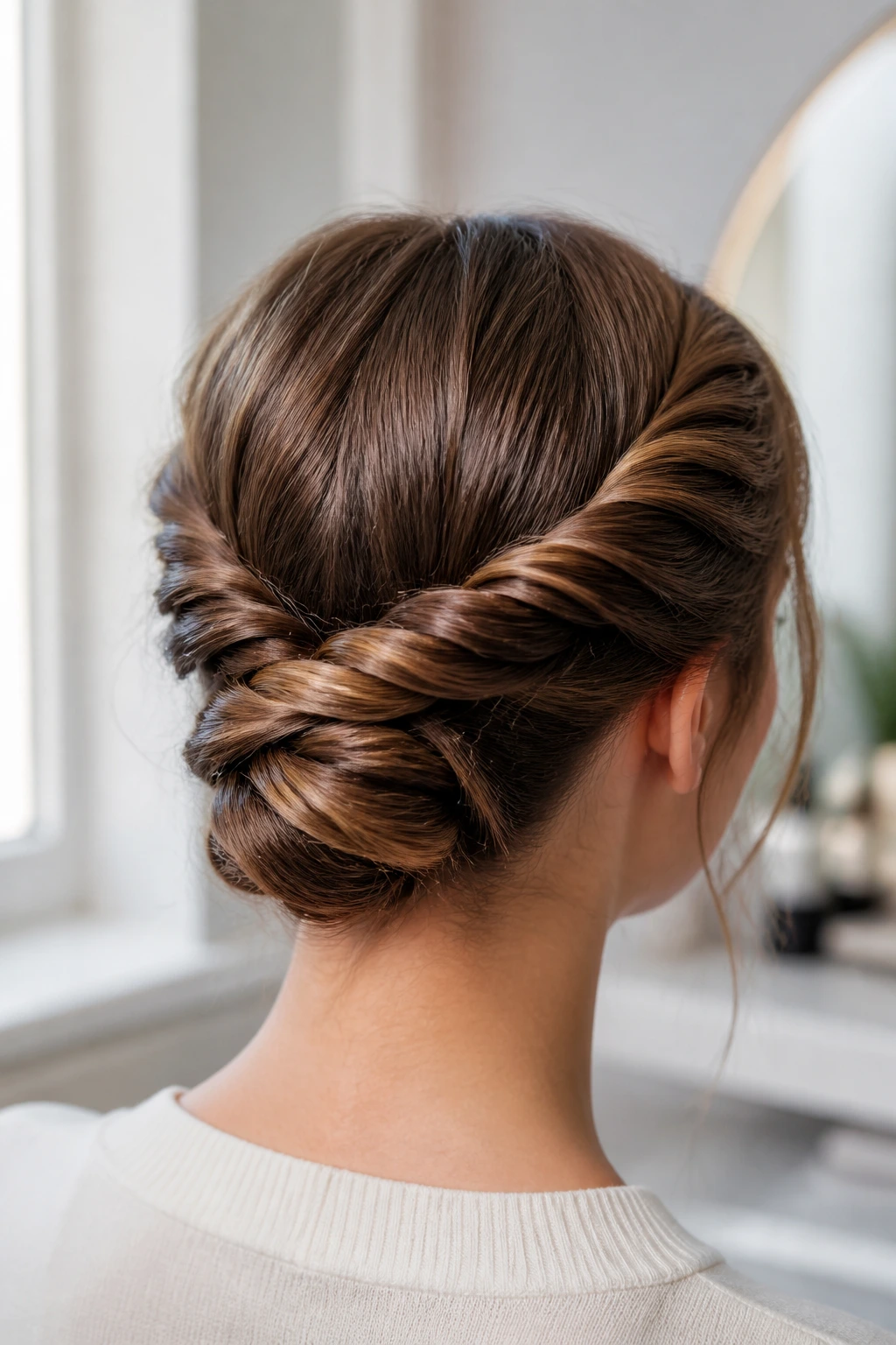 Close-up portrait of a real student with a double-twist updo, soft natural light.