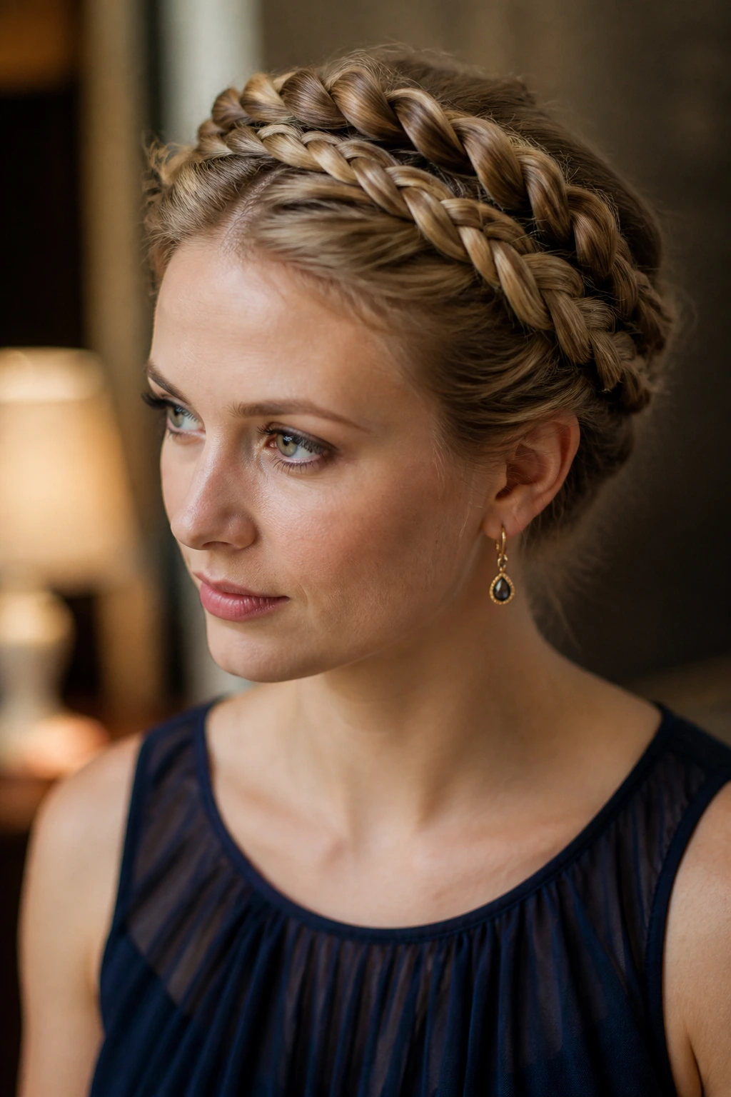Close-up of a real person wearing a double-wrapped crown braid around the head.