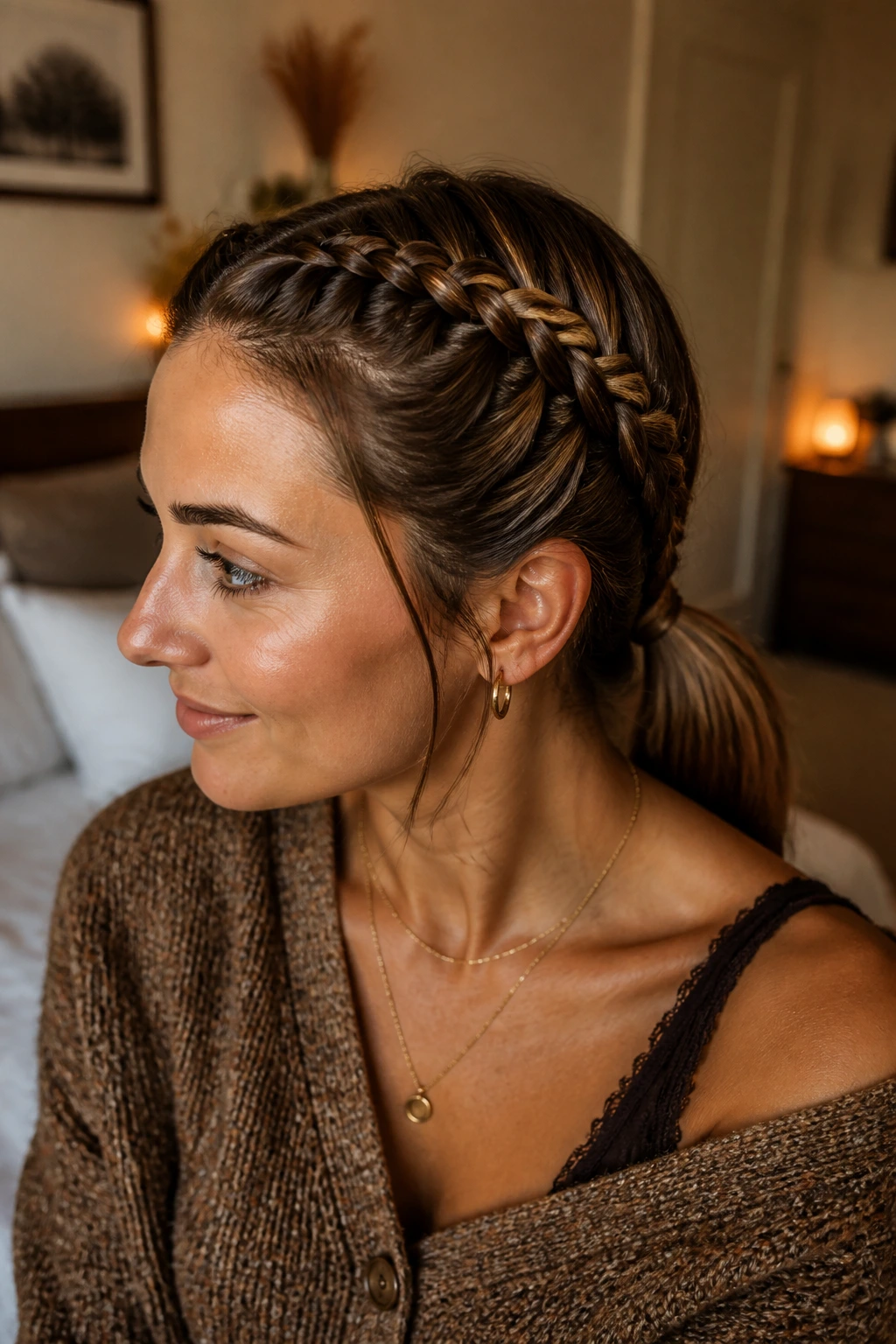 Close-up of a real woman with double French braids merging into a low pony, in warm autumn light.