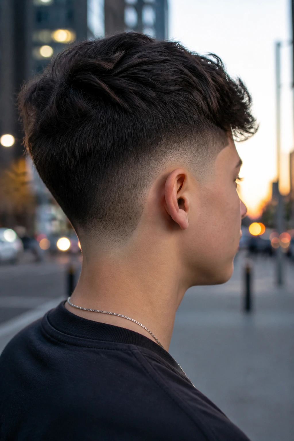 Teen with drop fade seen from side/back profile