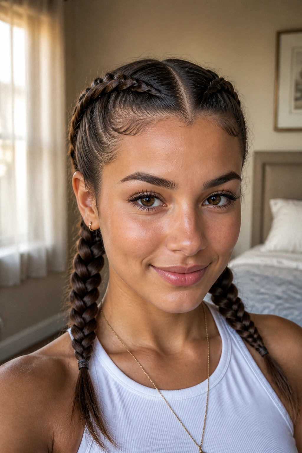 Close-up of a real person with classic dual Dutch pigtails featuring two inverted braids from hairline to nape.