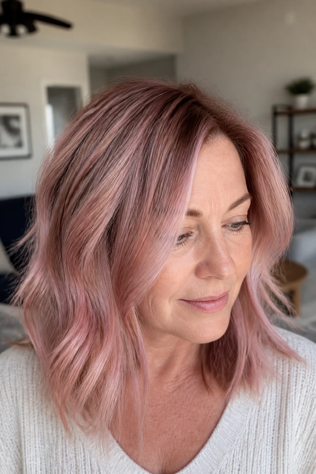 Close-up of fine hair with dusty rose balayage around the face