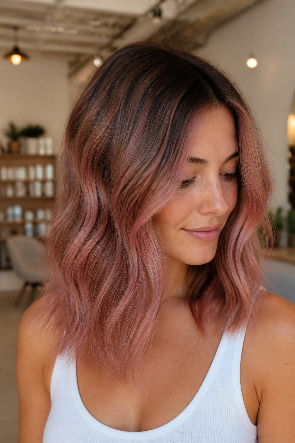 Close-up of a real woman with dusty rose balayage highlighting and root shadow