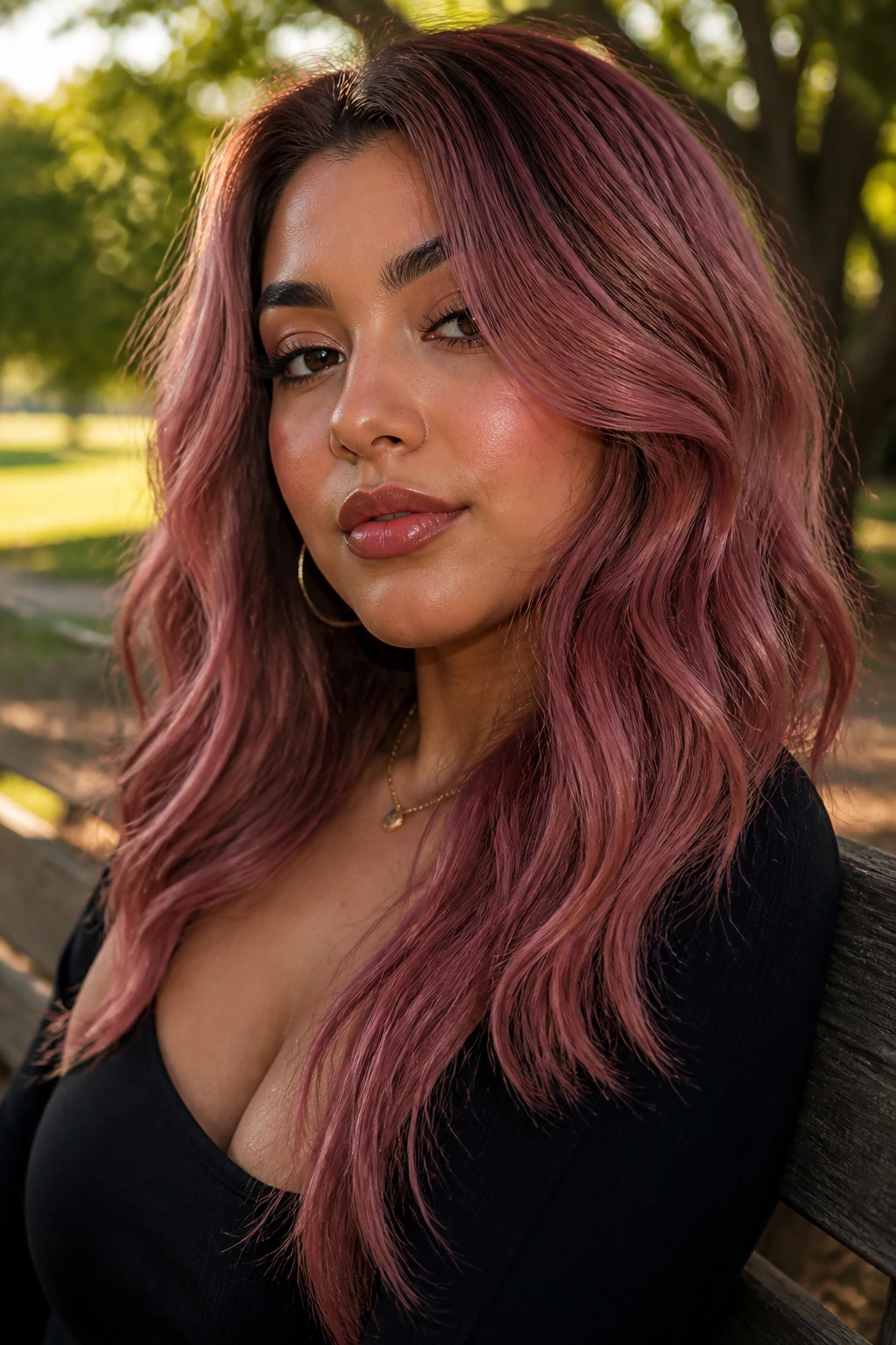 Close-up of a real woman with dusty rose waves in sunlight