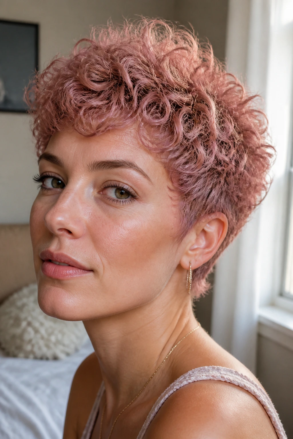 Close-up of real woman with dusty pastel rose pixie curls in soft natural light