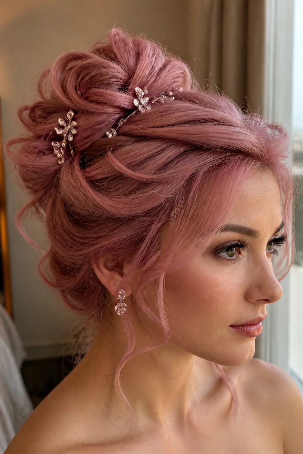 Close-up of a real woman in a dusty rose updo with jeweled pins.
