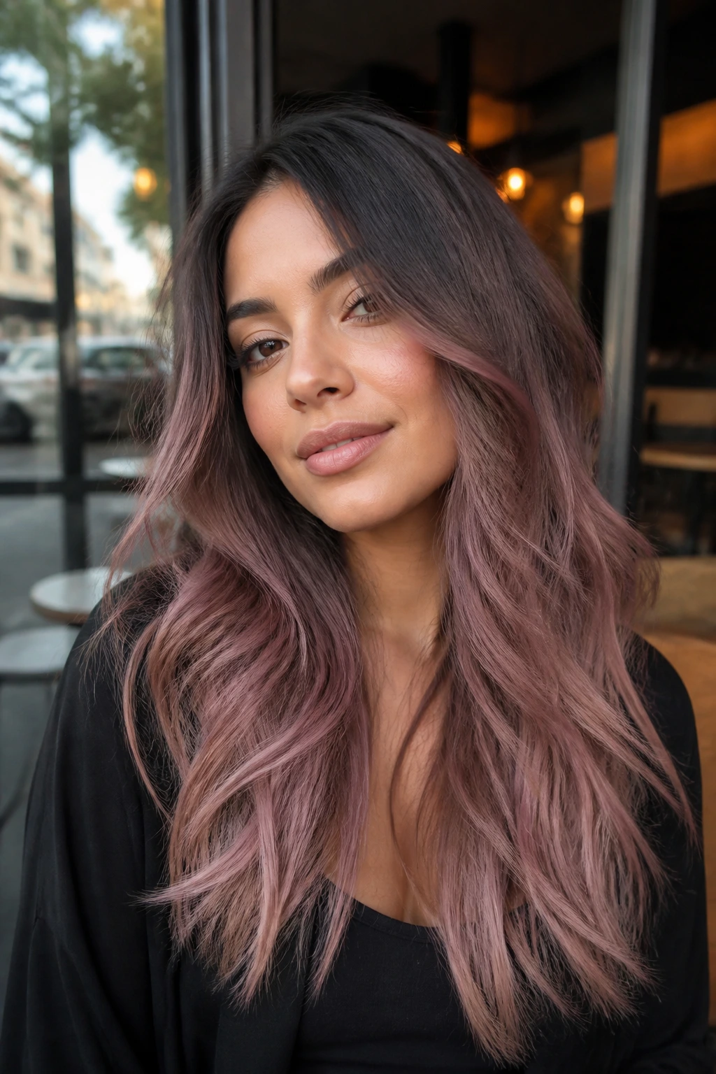 Close-up portrait of a real woman with cool-olive skin wearing dusty mauve melt in soft daylight