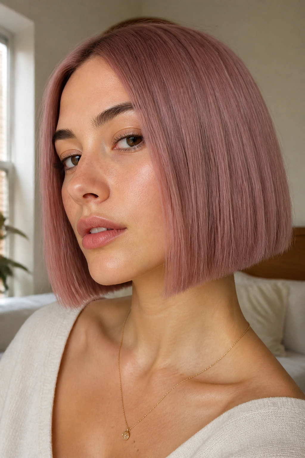 Close-up of a real woman with a dusty rose blunt bob, sharp jaw-length cut and glossy finish.